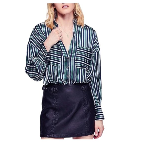 EUC Free People Blue Green Stripe Oversized Mad About You Button Down Shirt - Picture 3 of 15